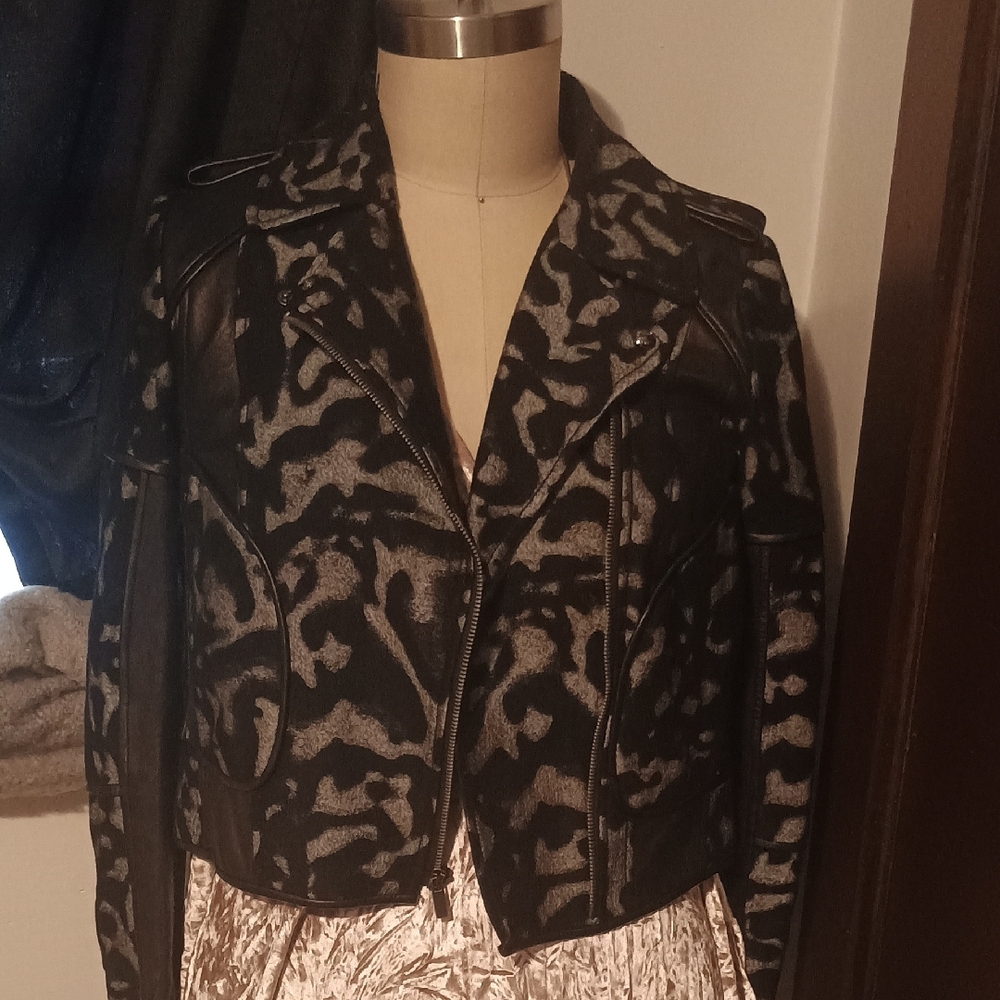 Diane Von Furstenberg Black and Gray Leather Moto Jacket!